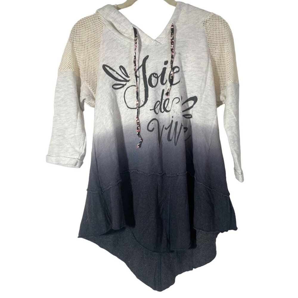 Memory Lane half sleeve boho sweater shirt hooded V-neck netting gray joie READ